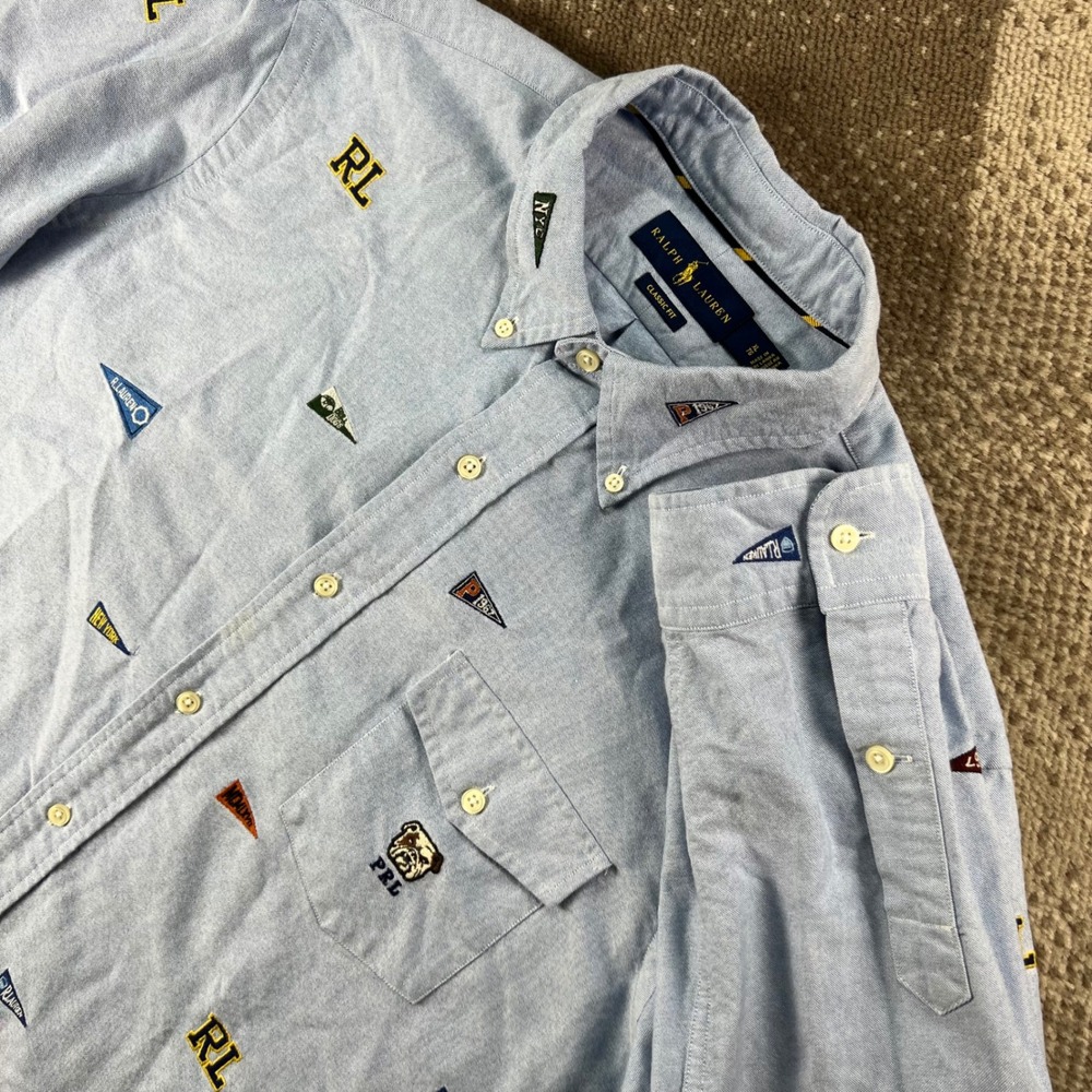 Polo Ralph Lauren Classic Fit Oxford Shirt Mens XL Blue Embroidered College Flag